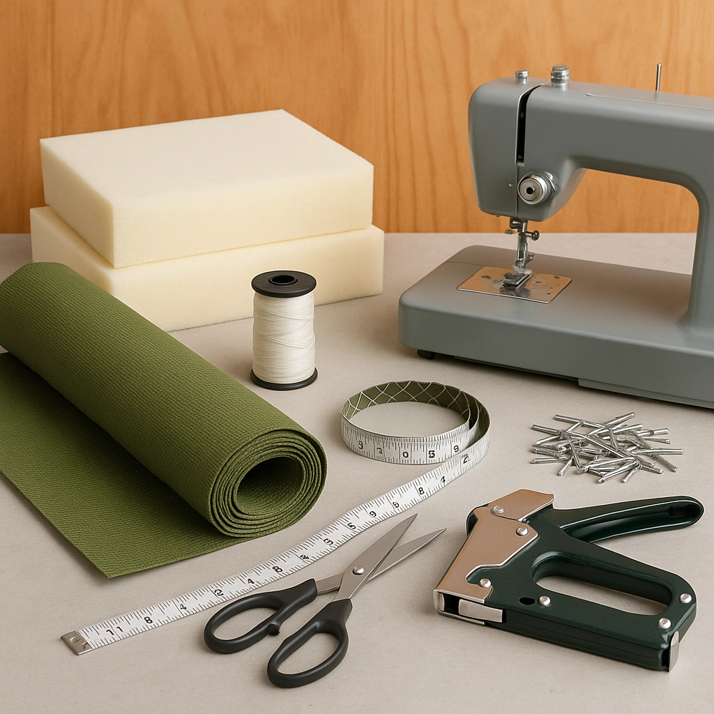 Display of sewing tools, hardware, and outdoor fabric needed to recover a porch swing seat.