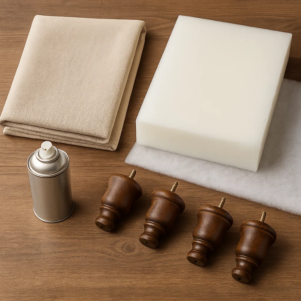 Upholstery supplies including beige fabric, foam, wooden legs, and spray adhesive on table.