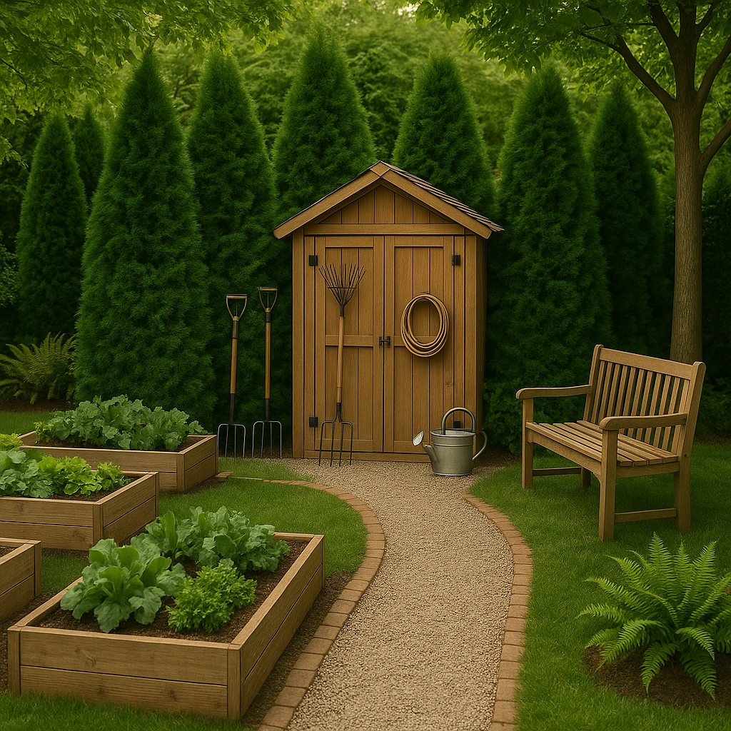 "Wooden shed surrounded by neatly arranged garden beds, walkways, and trees for aesthetic appeal.