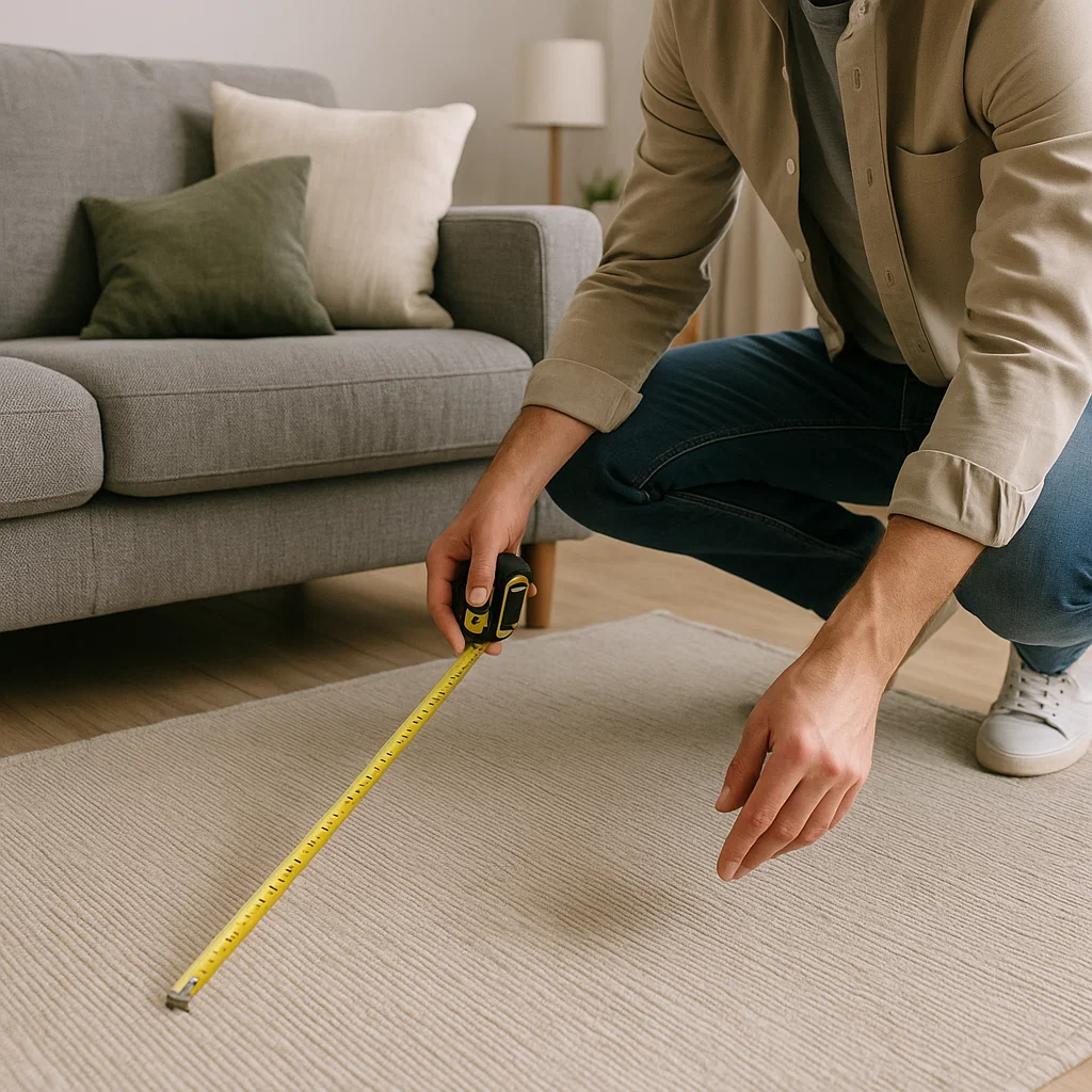 Person using a tape measure on a beige area rug in a bright living room with gray sofa.