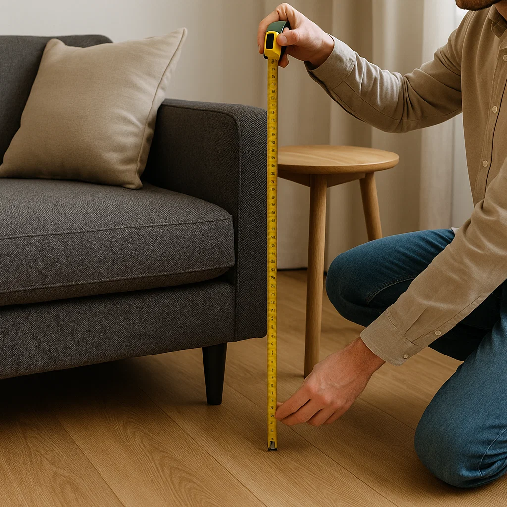 Man using tape measure to check sofa and table height.