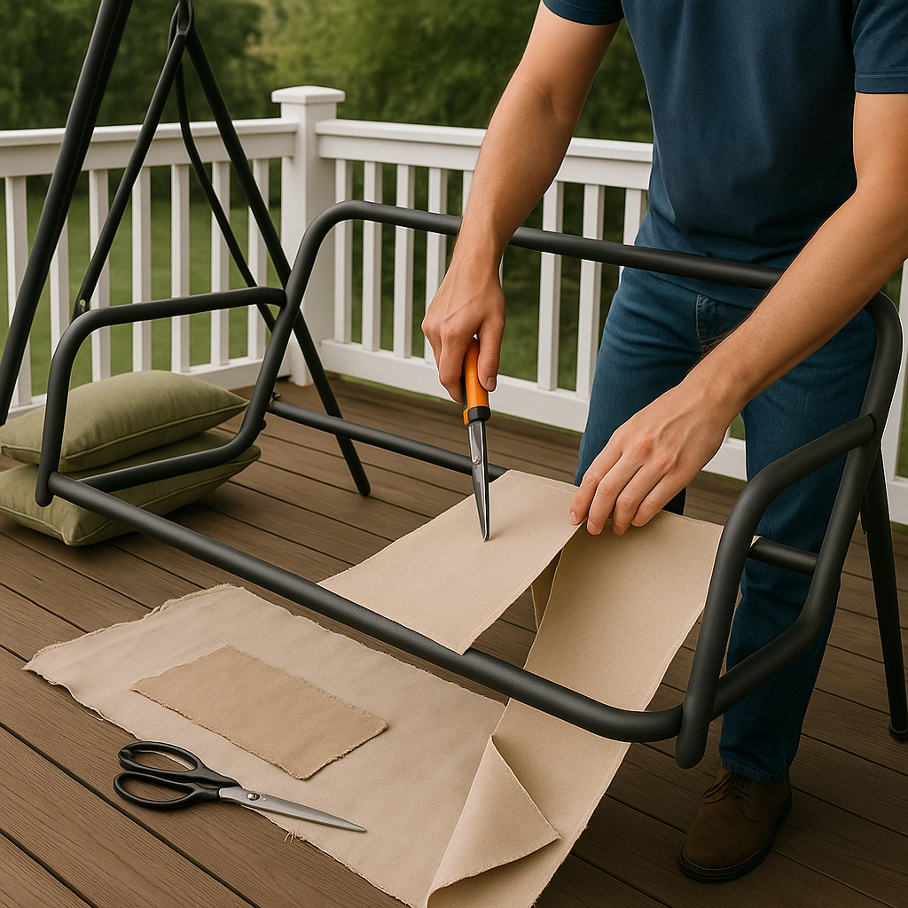 Measuring and cutting outdoor-grade fabric accurately to size for a porch swing seat cover.