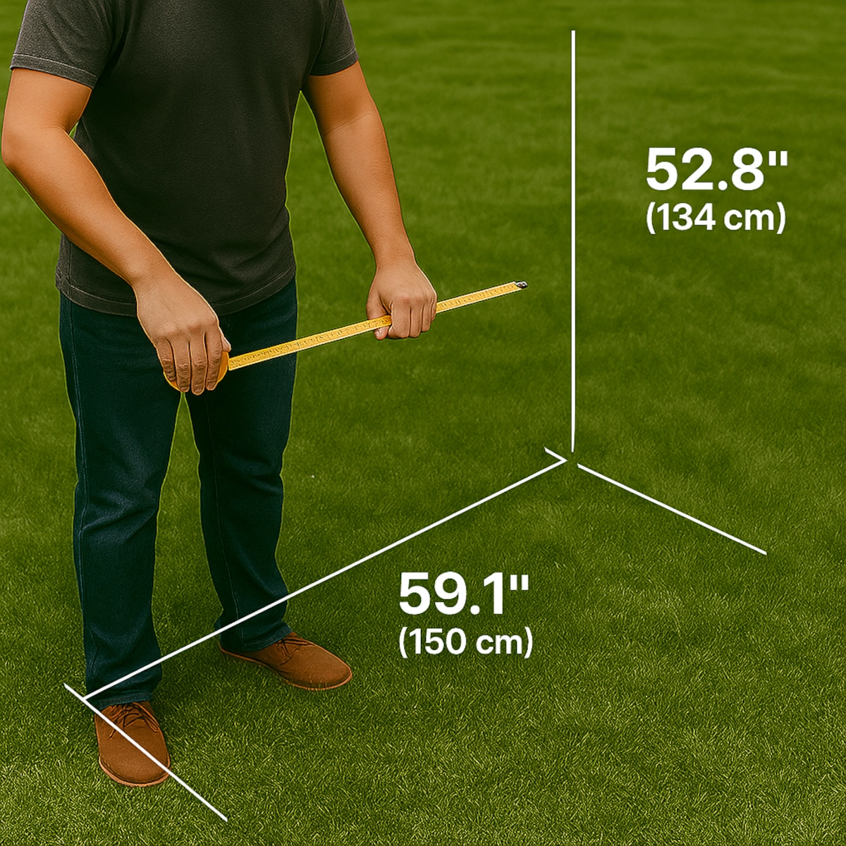 Person measuring outdoor lawn area with tape measure, showing dimensions in inches and centimeters.