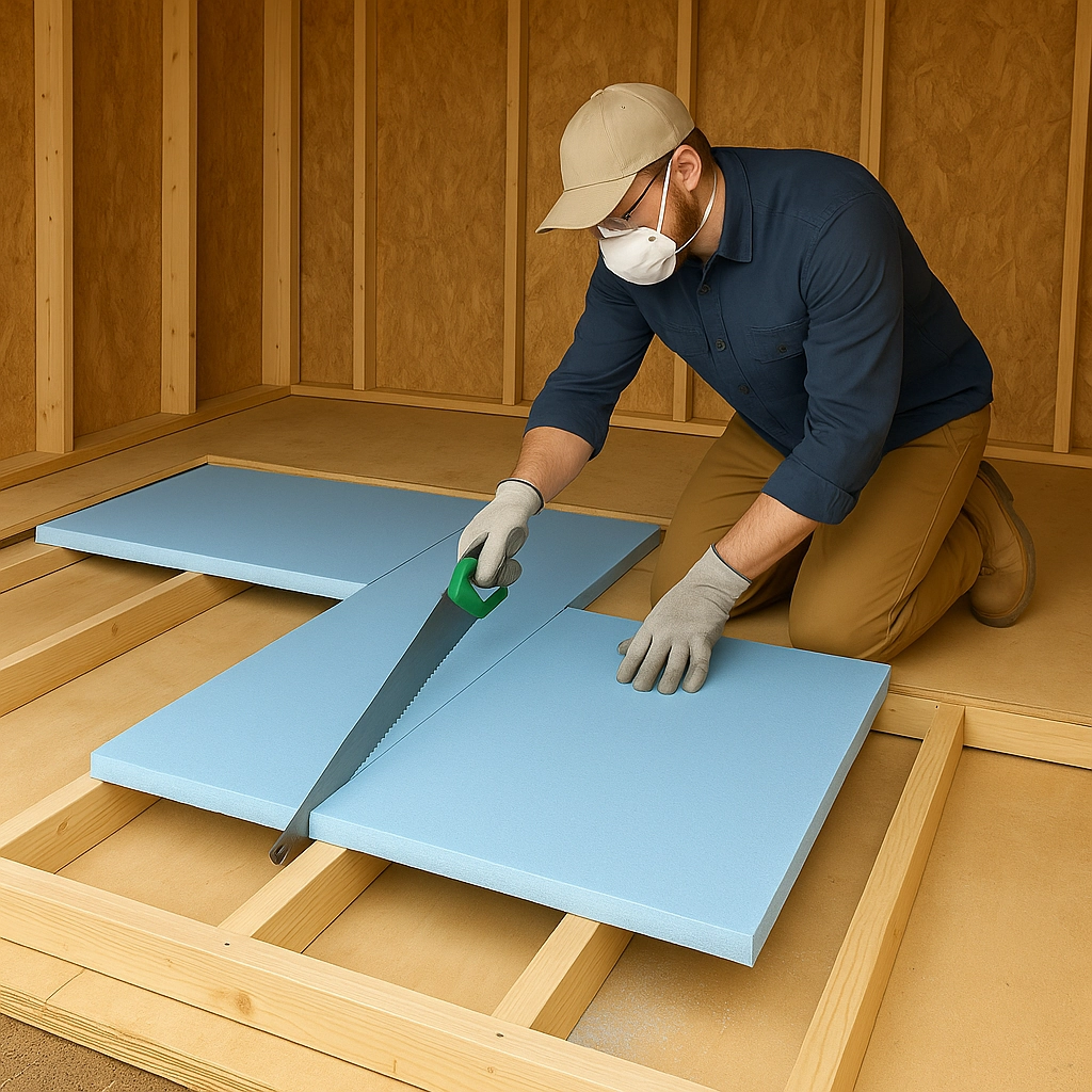 Man using handsaw to cut rigid foam board to fit shed floor insulation frame.