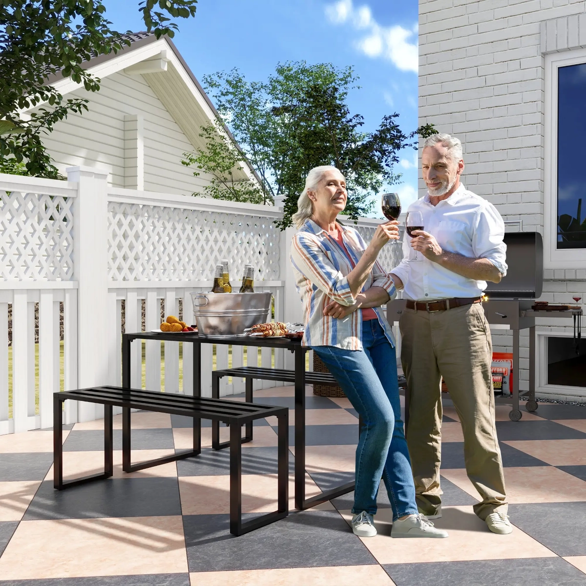 Durable black metal picnic table with benches