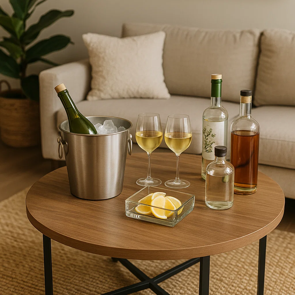 Round wooden table with wine bottle, ice bucket, glasses, and lemon slices set for drinks.