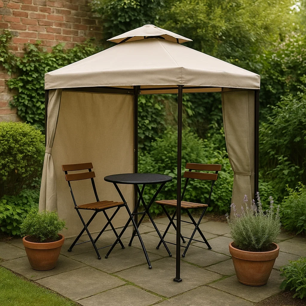 Small, minimalist gazebo in a garden with a table and two chairs for outdoor relaxation.