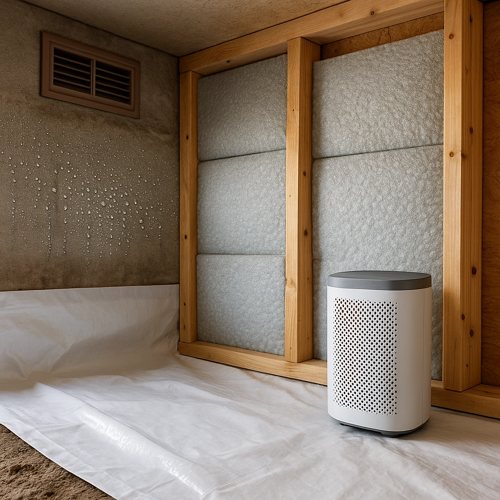 Dehumidifier placed inside insulated shed wall to reduce condensation and prevent moisture damage.