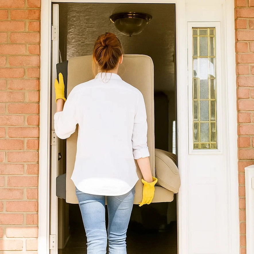 Woman carrying a large armchair through a front door wearing yellow gloves.
