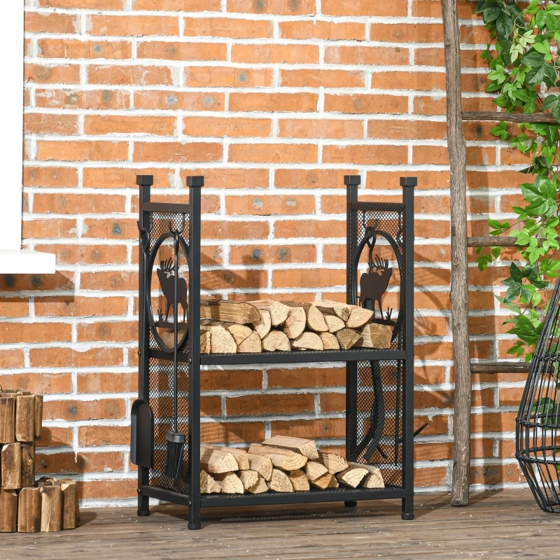 Two-tiered outdoor firewood rack with mesh sides and deer design holding split logs on a deck.