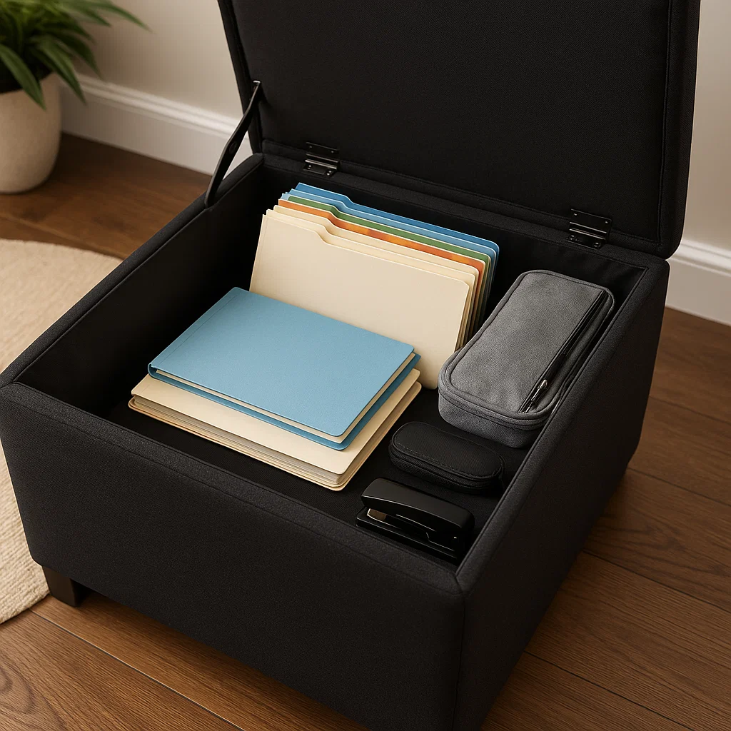 Black ottoman storage box with folders, documents, and office supplies neatly organized inside.