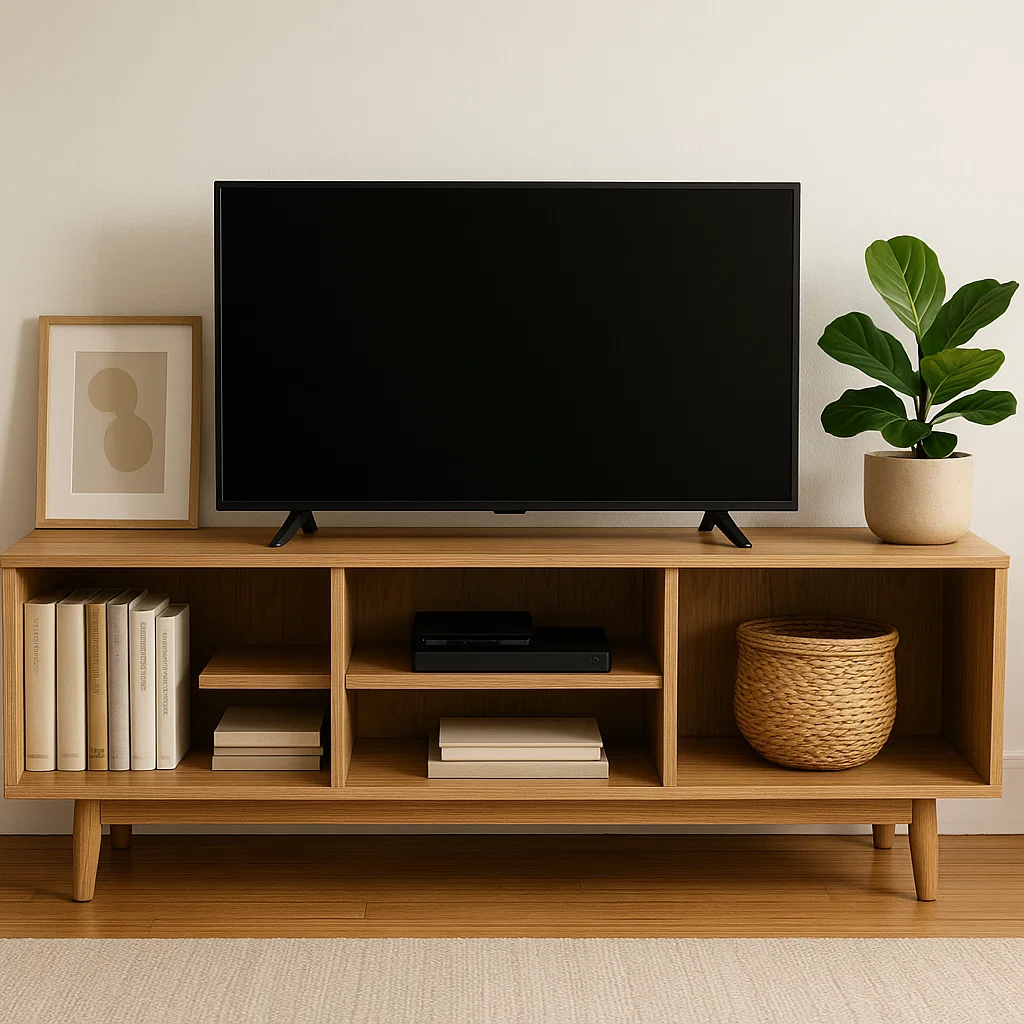TV stand with open cubby shelves, styled with books, electronics, and a woven basket in a modern room.