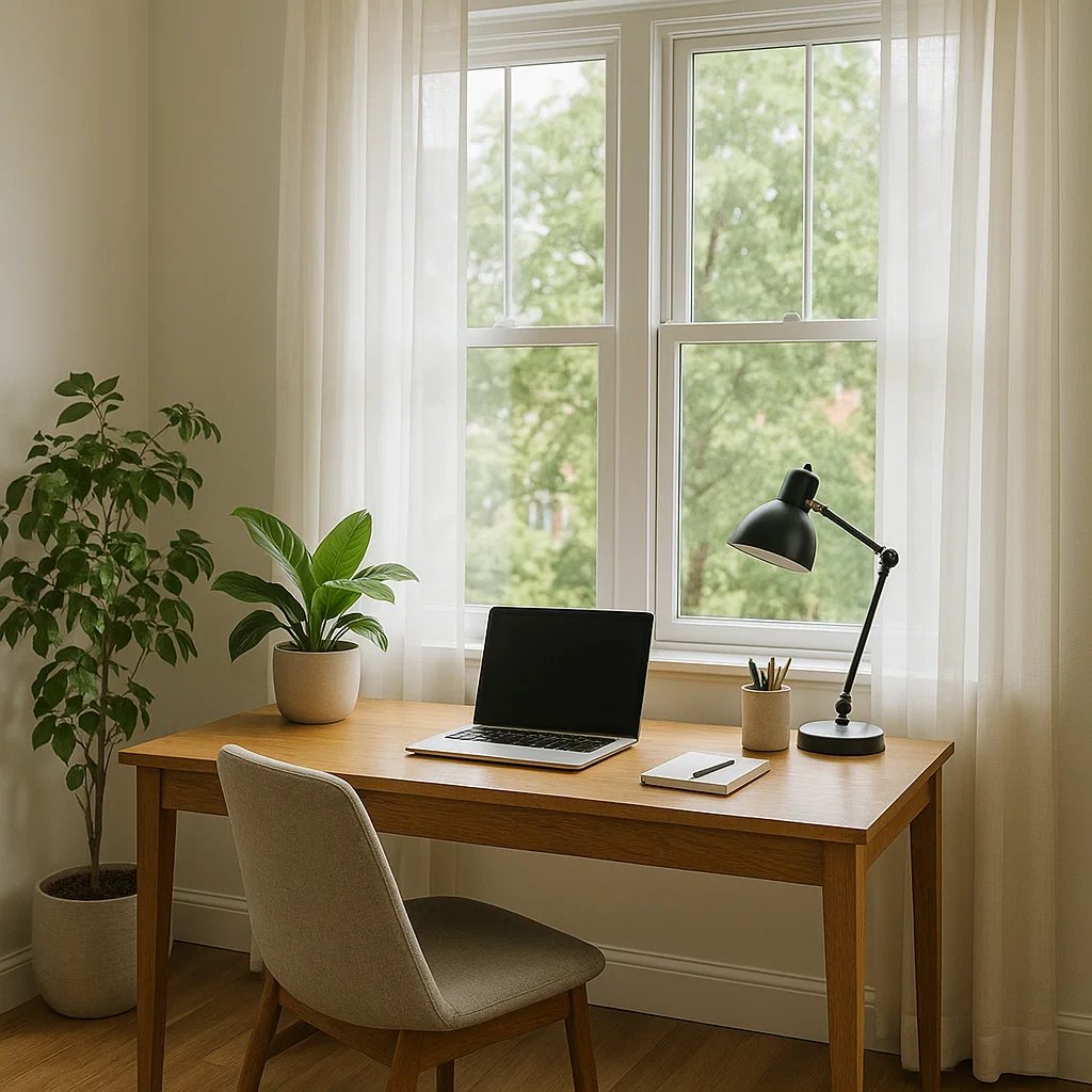 Simple wooden desk by a window with laptop, lamp, and houseplants, bathed in natural daylight.