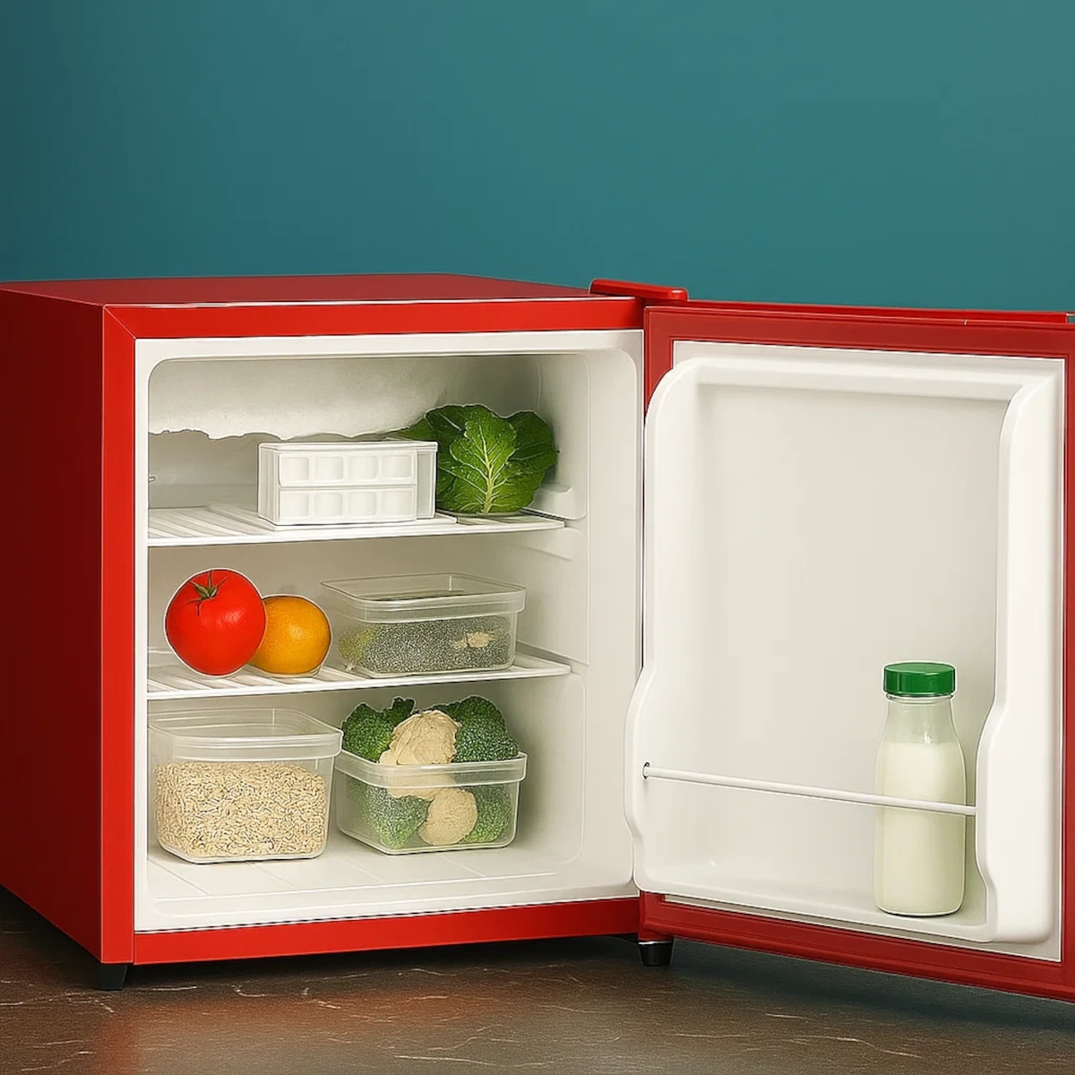 Fresh food and vegetables neatly stored in mini fridge.