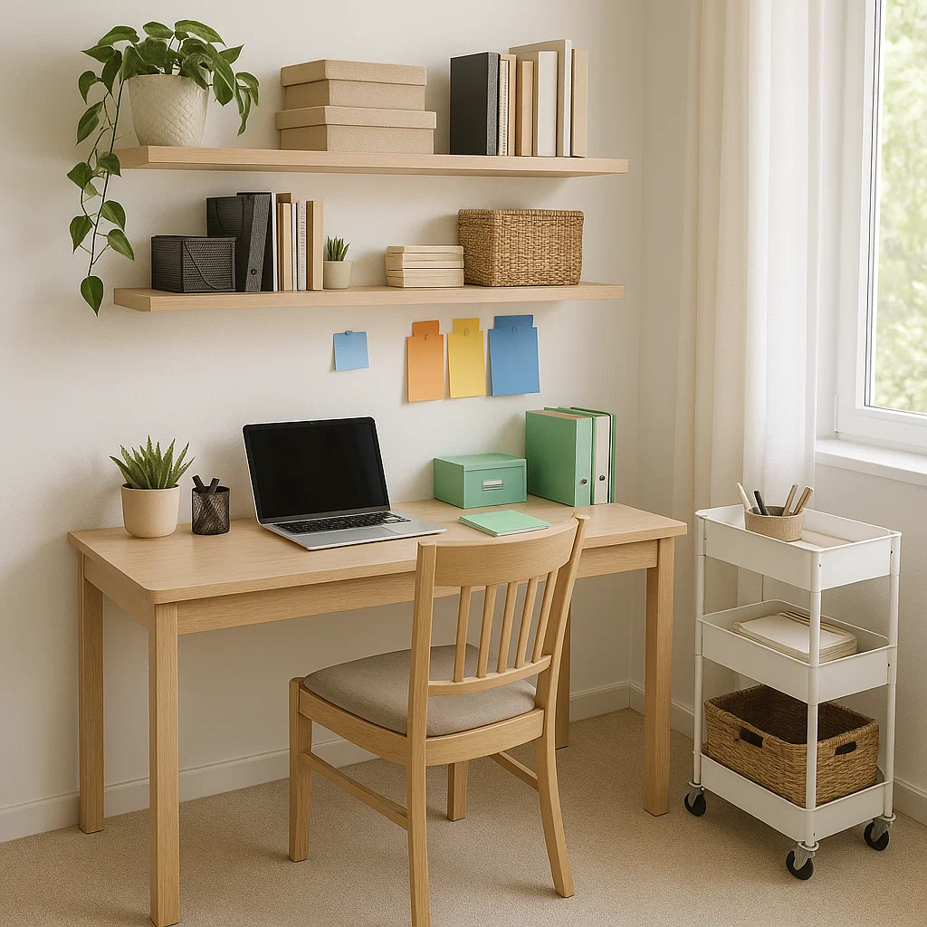 Light wood desk under shelves with books, plants, and storage boxes for a tidy workspace.