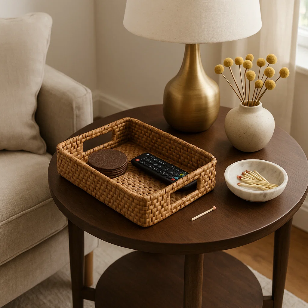 Side table with a woven tray, remote, coasters, and a decorative bowl for organizing essentials.