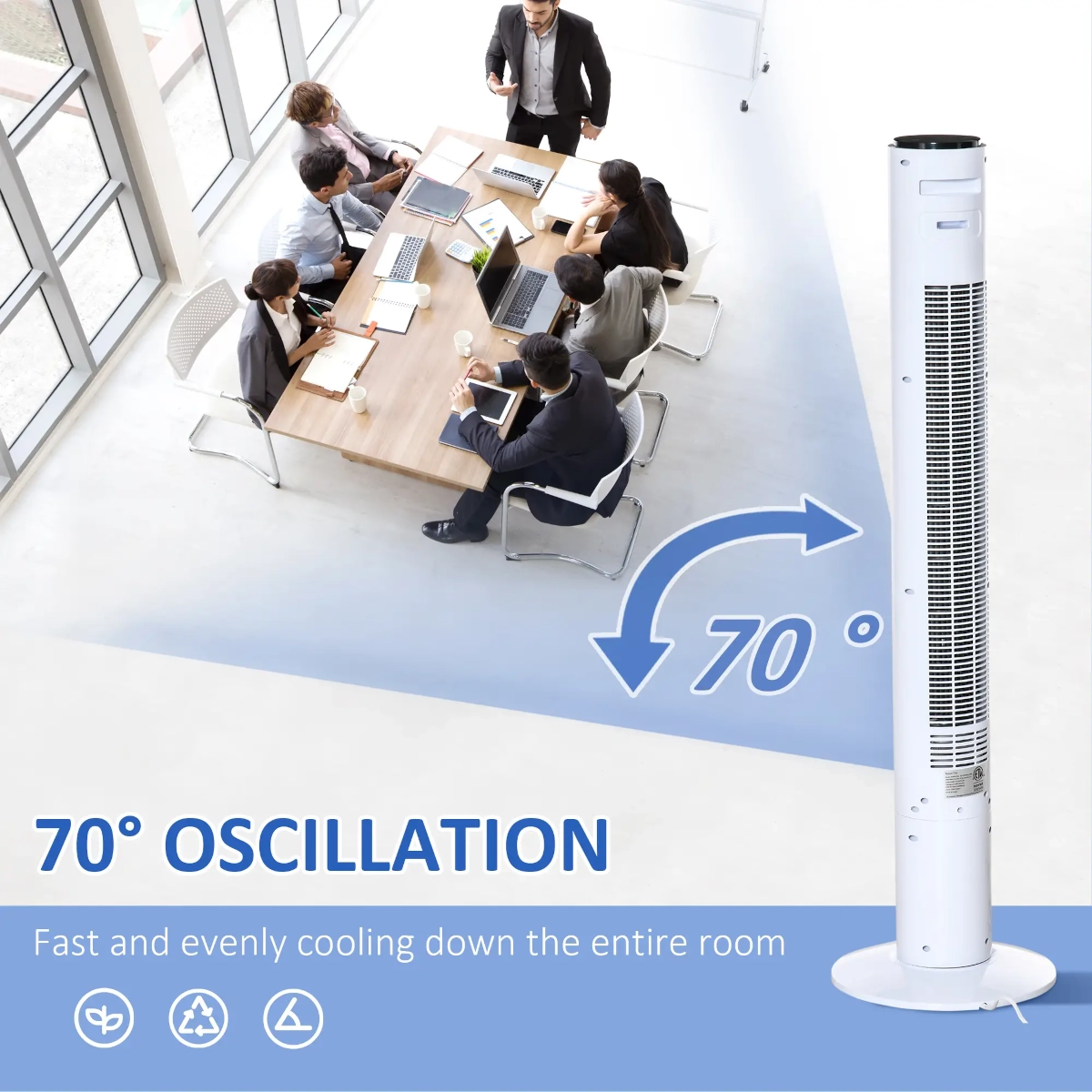 Tower fan with 70-degree oscillation for even airflow.