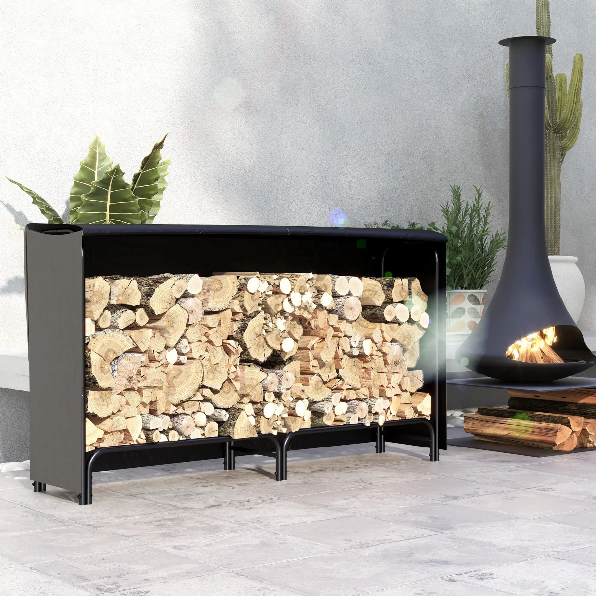 Covered firewood rack storing stacked logs beside a modern outdoor fireplace on stone flooring.