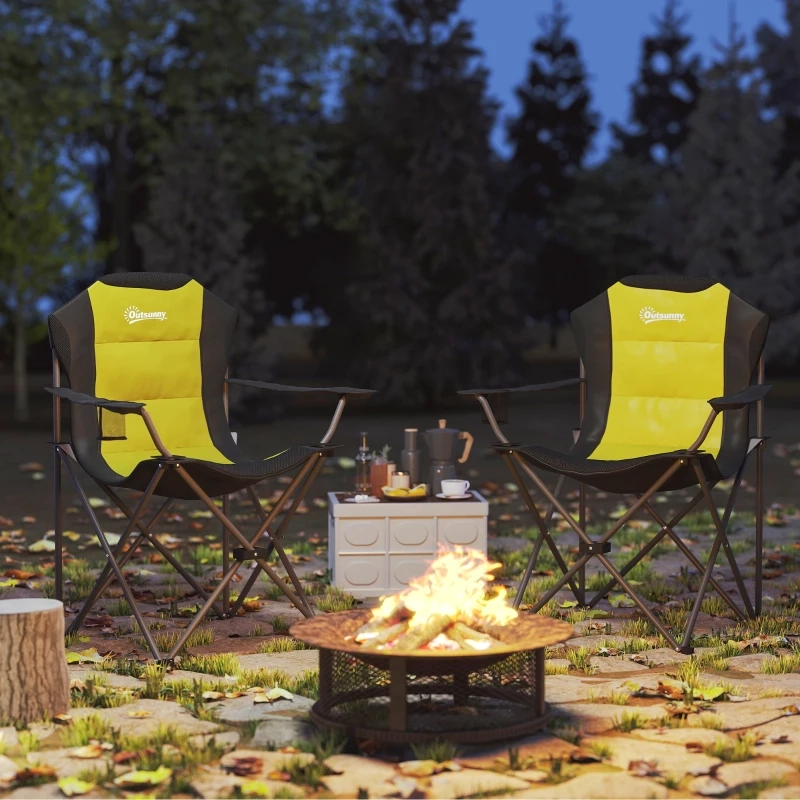 Padded camping chair with storage pouch and armrests, designed for outdoor events or tailgating.