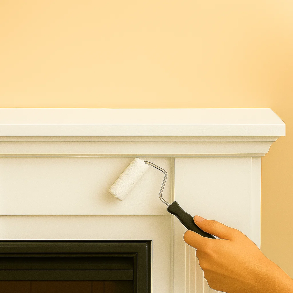 Hand using a small roller to paint a white fireplace mantel against a beige wall.
