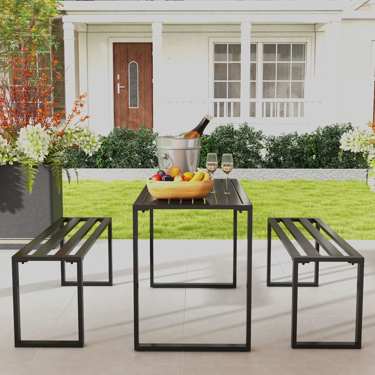 Painting metal picnic table with rust-resistant paint using spray cans and protective gear.
