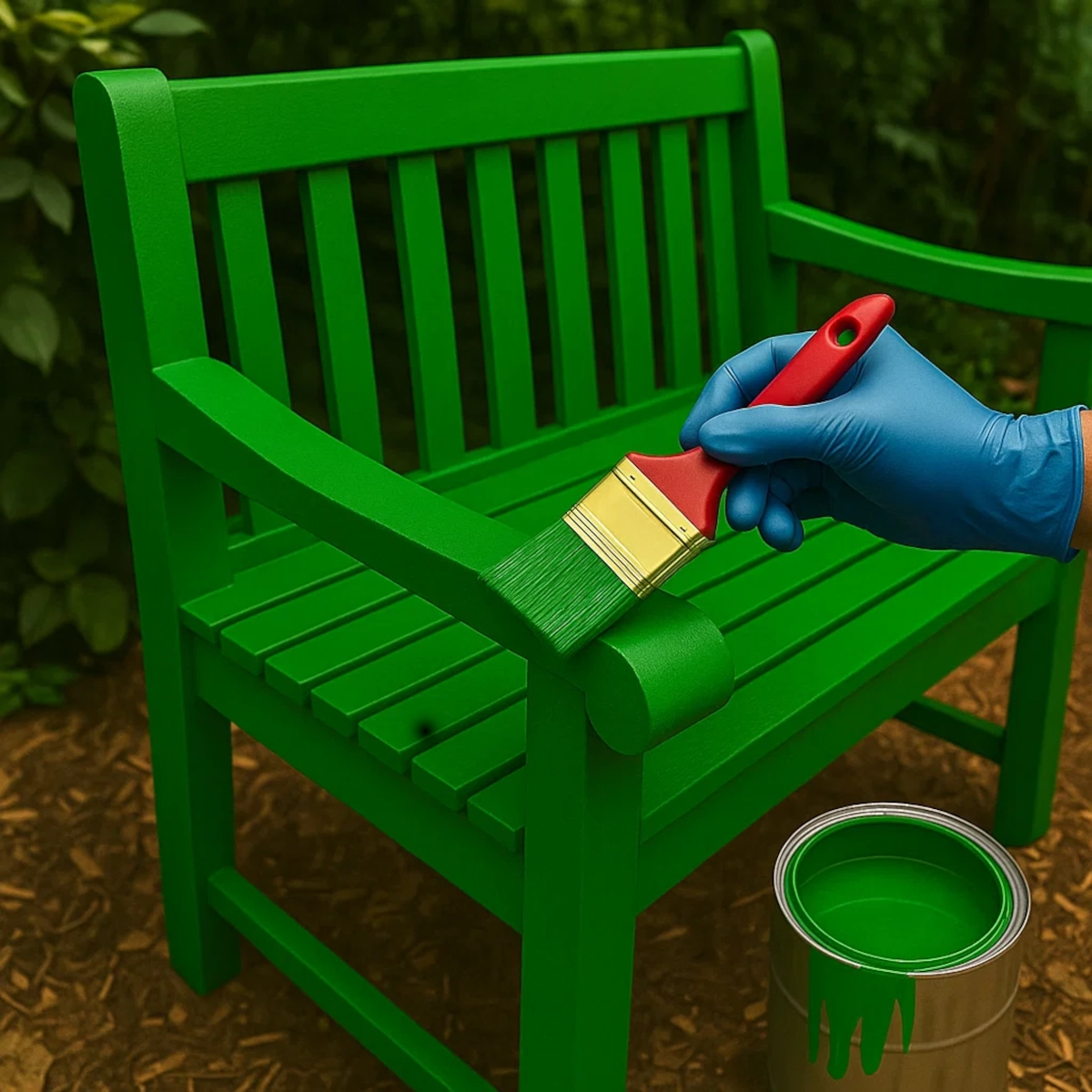 Applying vibrant green paint to wooden bench using brush in garden setting.