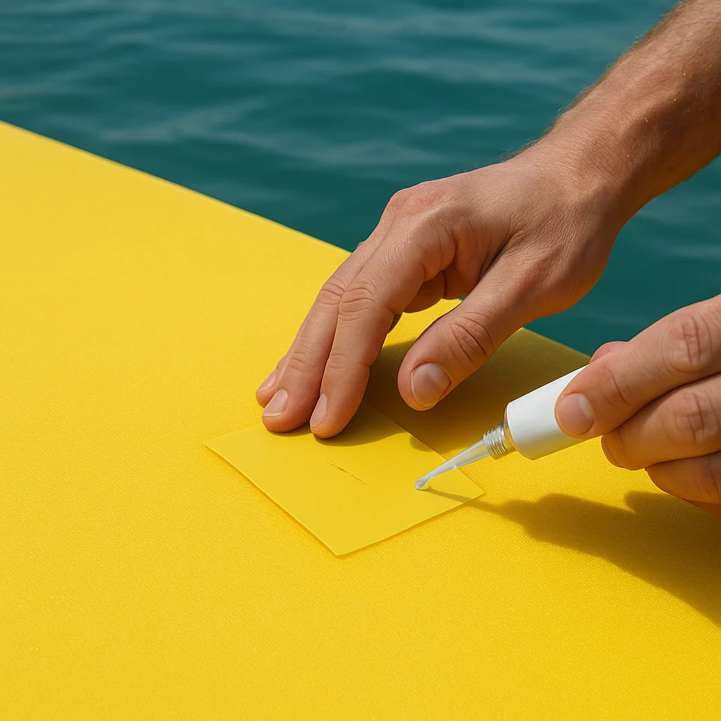 Close-up of adhesive patch being applied to seal a small tear on a floating mat.