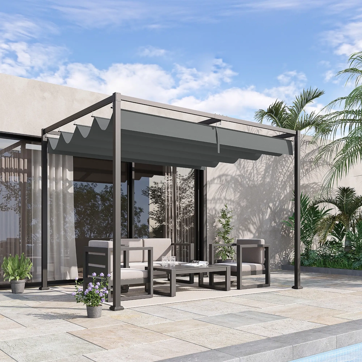 Pergola-style gazebo with sleek, open design and outdoor seating area in a garden.