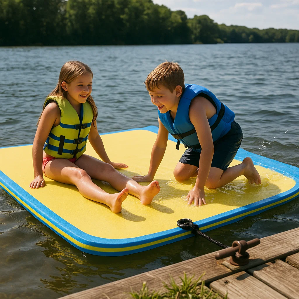 Kids playing on floating mat safely tied to dock using permanent in-ground anchor setup.