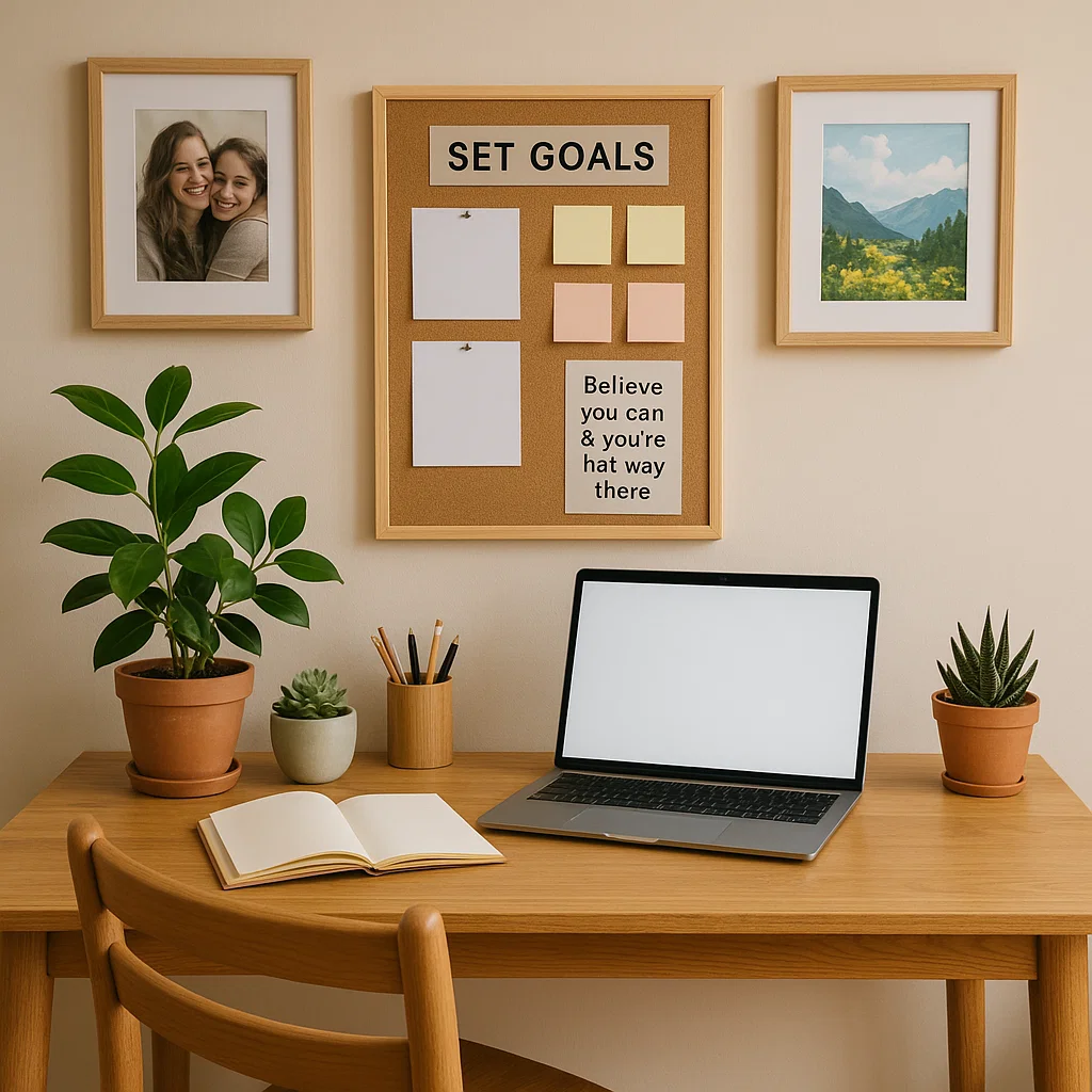 Home workspace with laptop, motivational corkboard, plants, and personal photos on the wall.