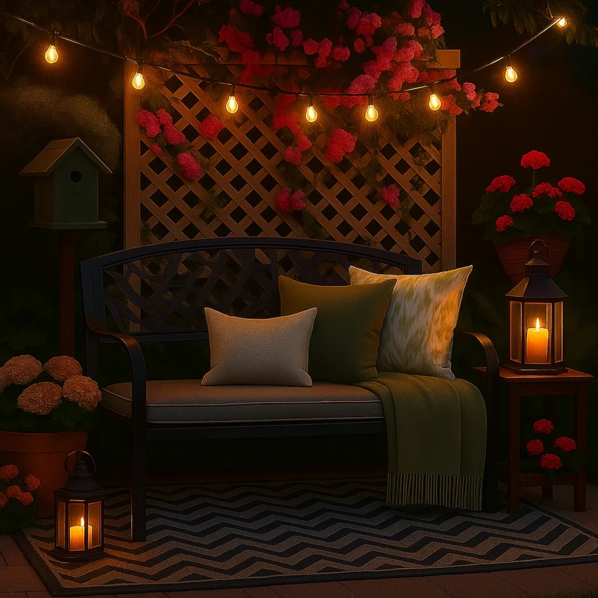 Decorative tray, lantern, and garden statue on and around a garden bench.