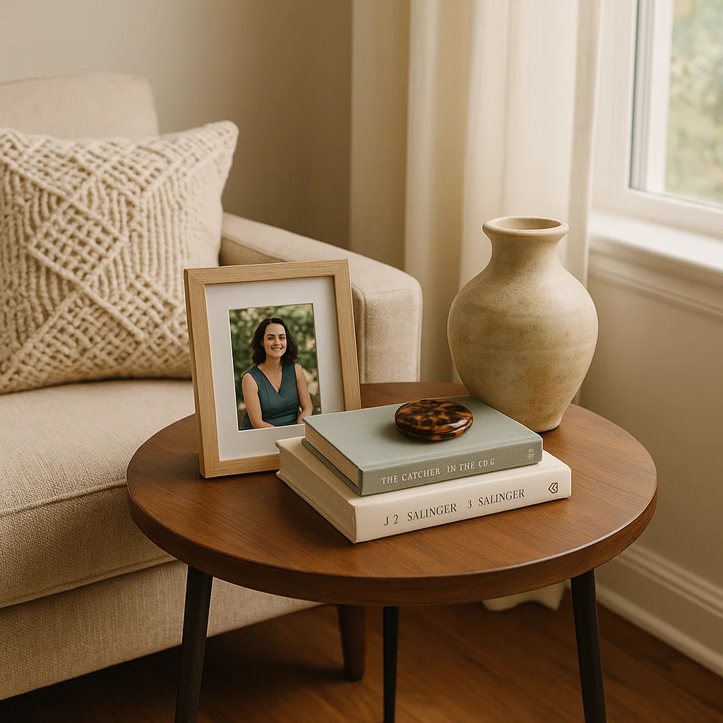Side table with a framed photo, books, and a decorative vase, reflecting personal style.