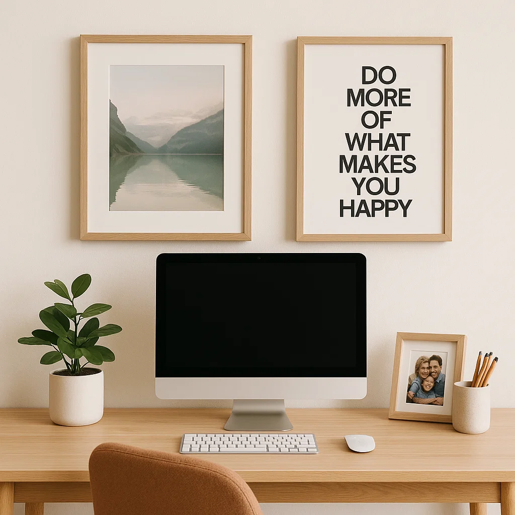 Framed prints above monitor on wooden desk with plant and family photo