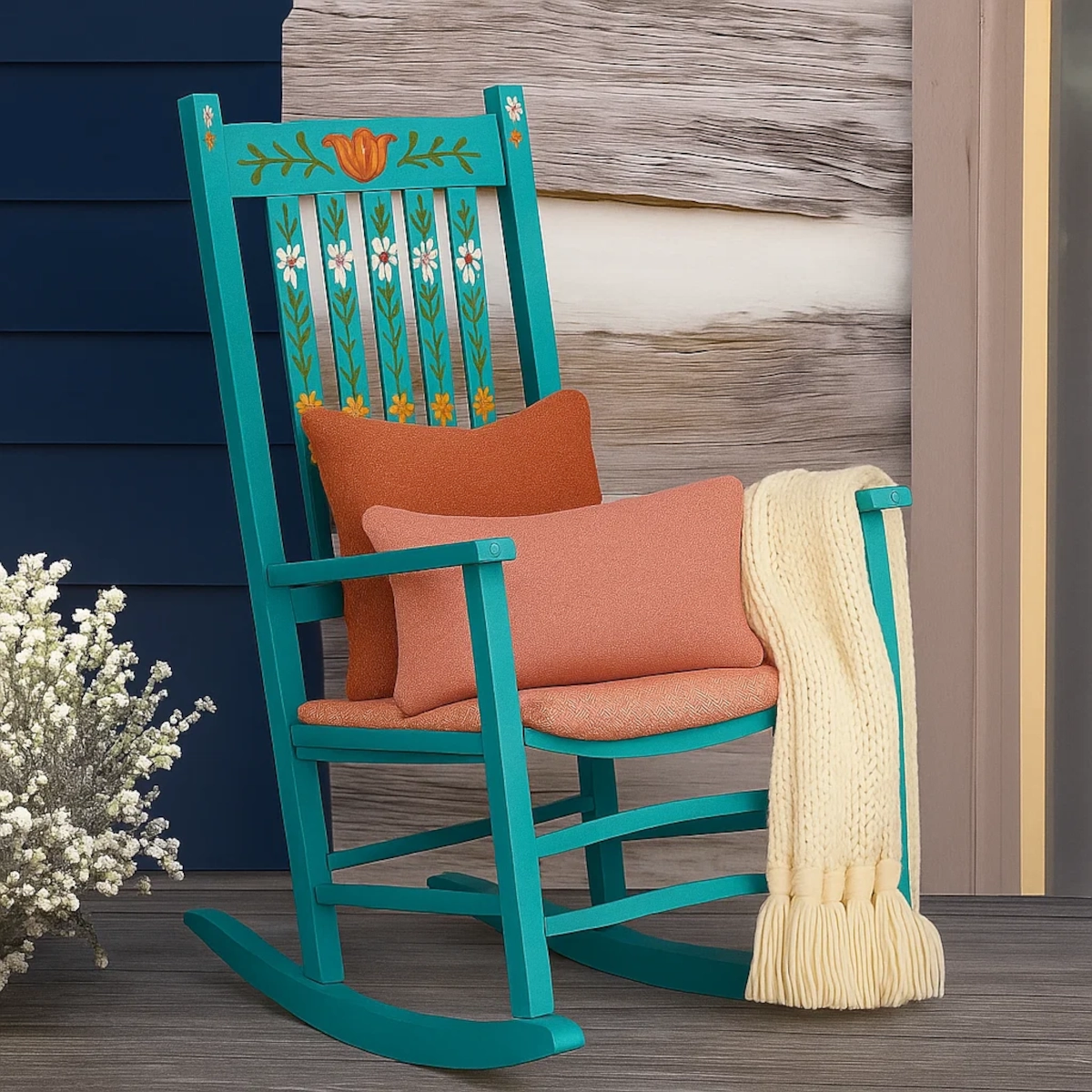 Hand-painted teal rocking chair with floral details, throw blanket, and cushions on a porch.