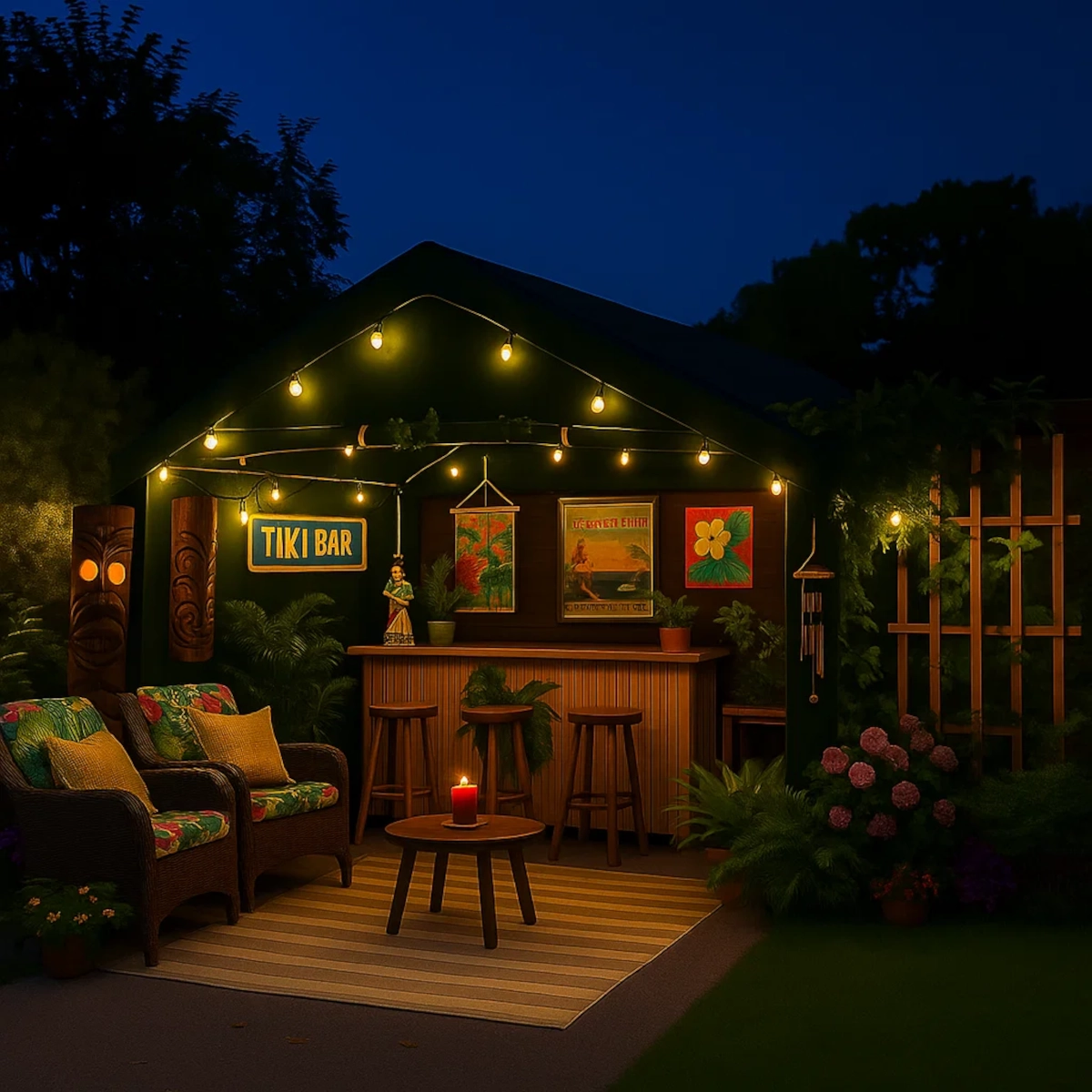 Outdoor tiki bar setup with decorative accents, candles, and comfortable seating