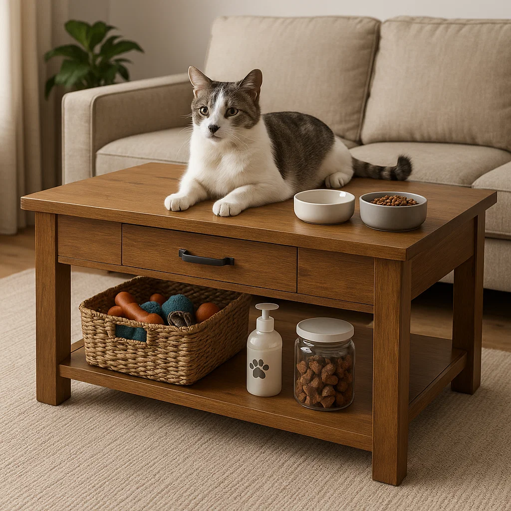 Gray and white cat relaxing on a coffee table with bowls, treats, and a basket of toys.
