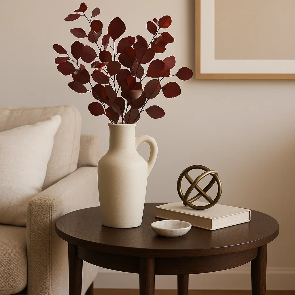 Side table featuring a tall vase with contrasting greenery and a minimalistic design.