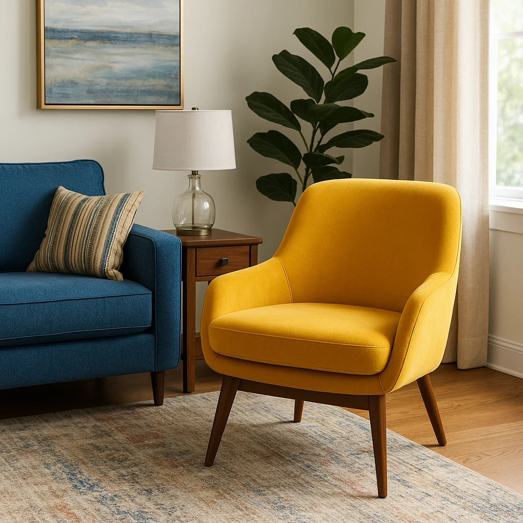 Vibrant yellow accent chair beside a navy blue sofa and wood side table in sunlit room.