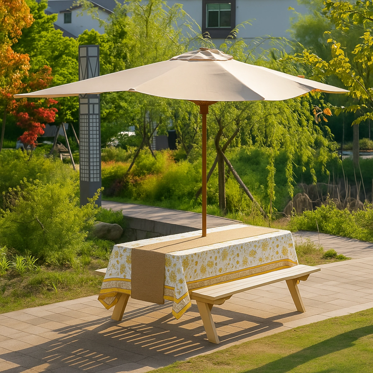 Outdoor picnic table with floral tablecloth and a burlap runner under a neutral umbrella.