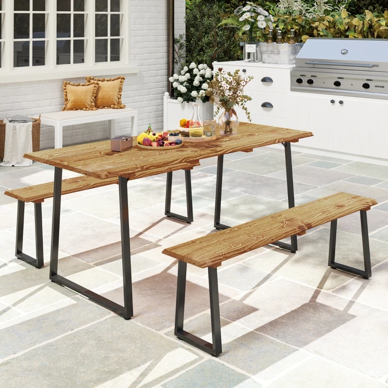 Classic wooden picnic table with attached benches, ideal for outdoor family meals