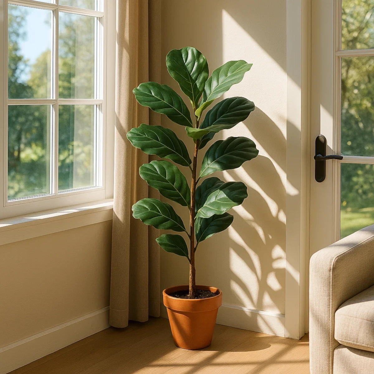 Realistic fiddle leaf fig artificial plant in a terracotta pot placed by a bright window.