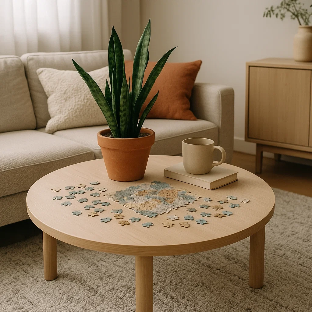 Potted snake plant and book on a round coffee table with puzzle pieces in a sunlit living room.