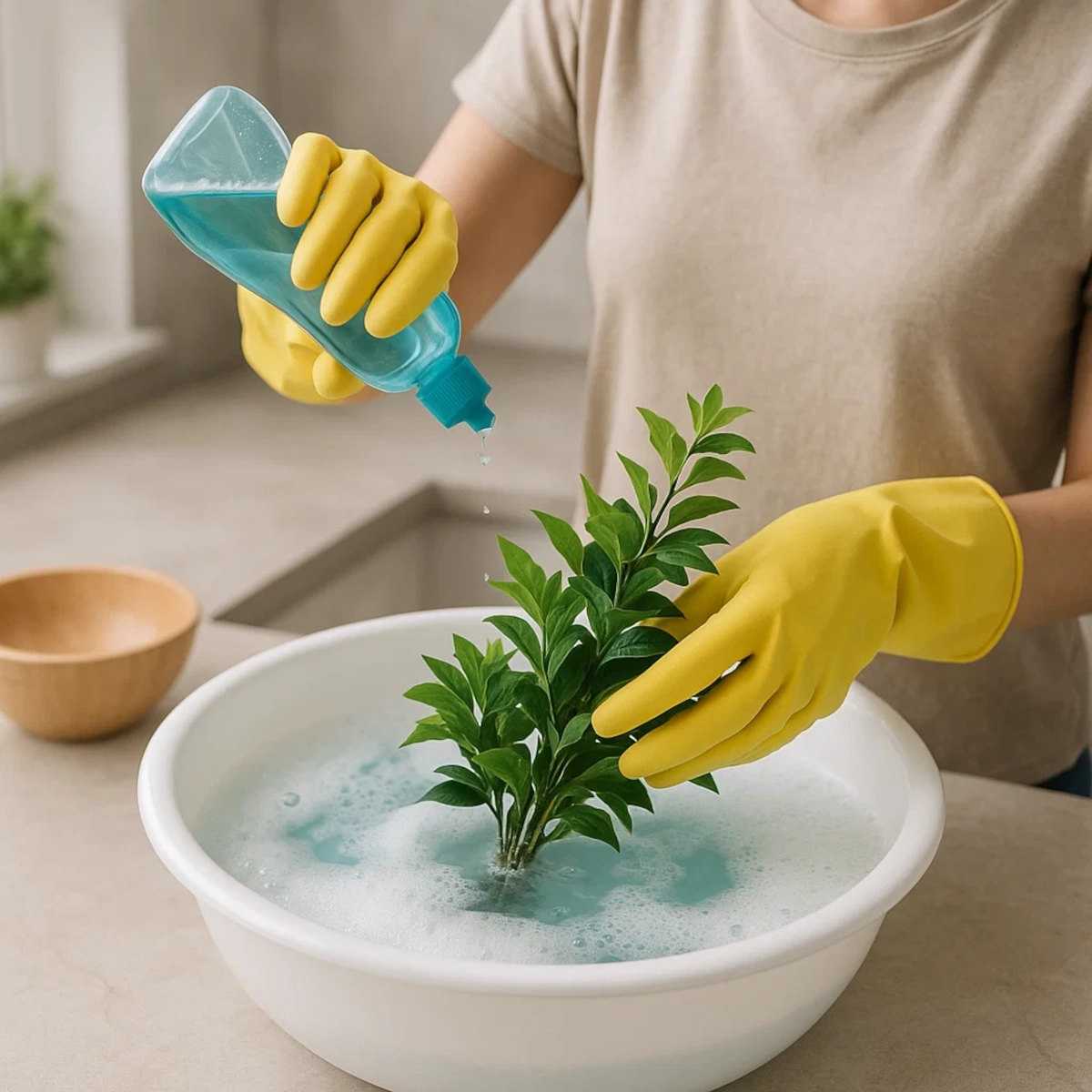 Person with yellow gloves washing plastic plant in soapy water using liquid detergent.