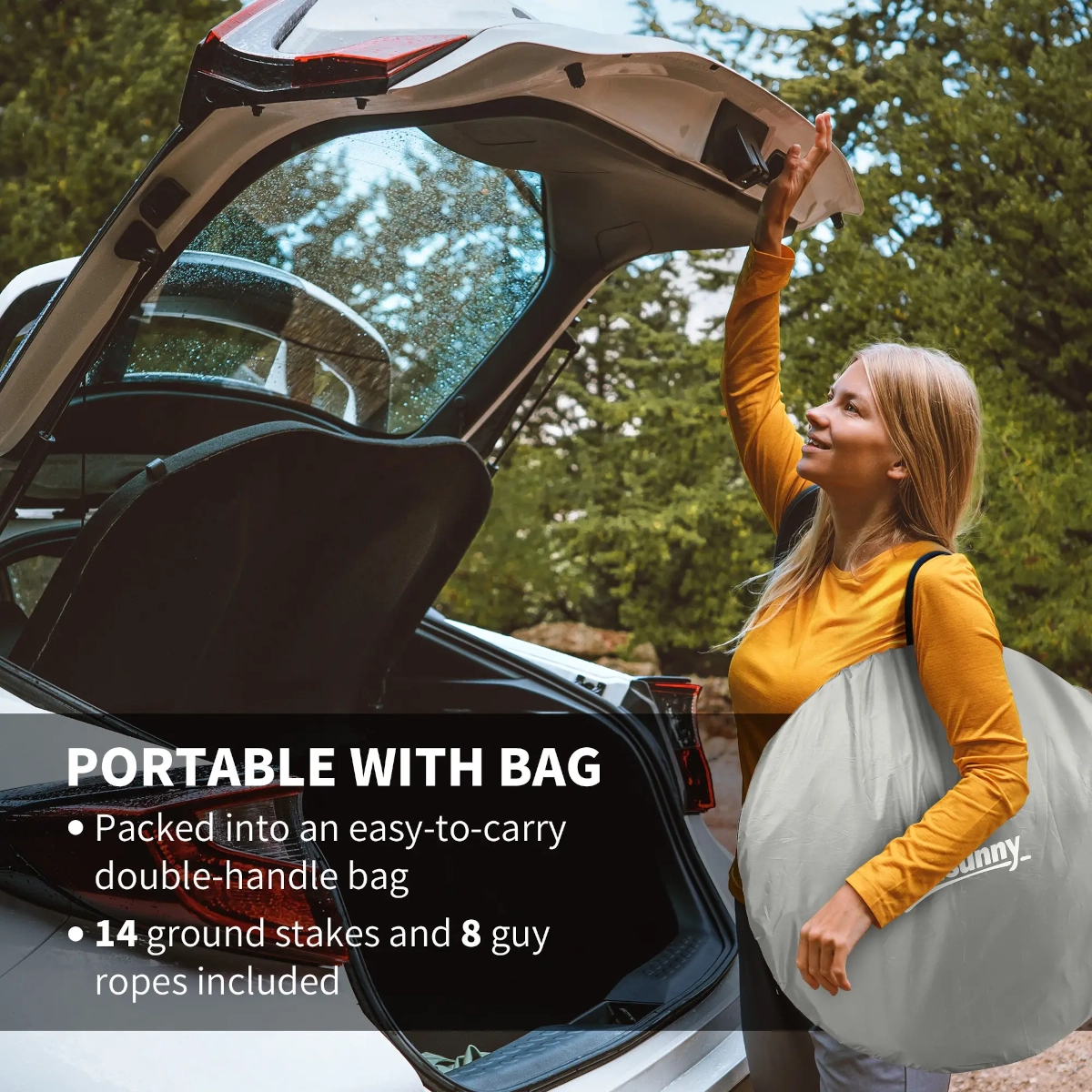 Portable pop-up tent being carried in a compact bag, perfect for travel and camping.