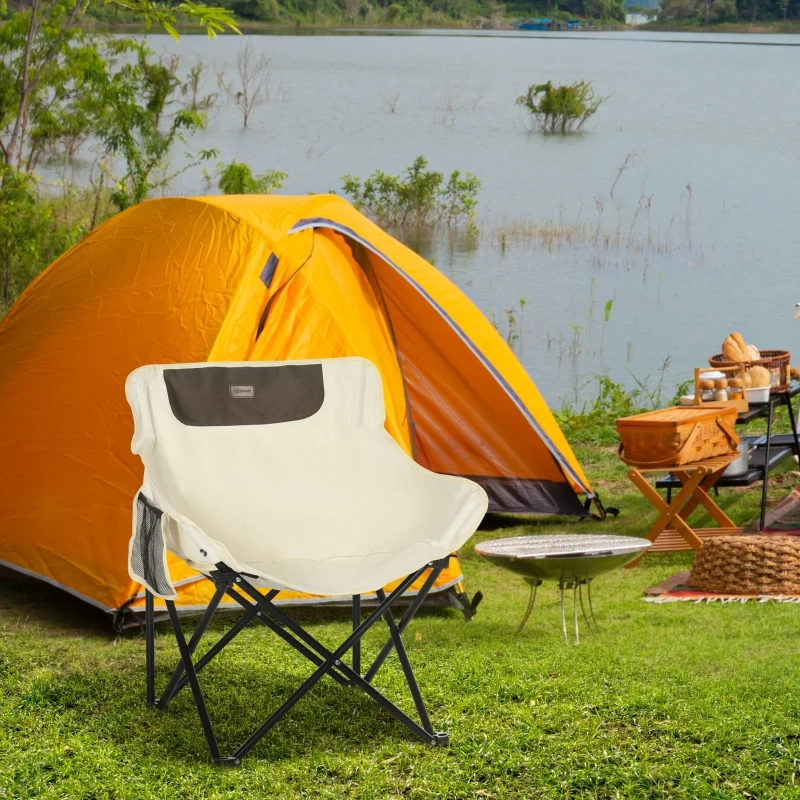 Compact portable camping chair with mesh panels and cup holder, great for hiking or travel.