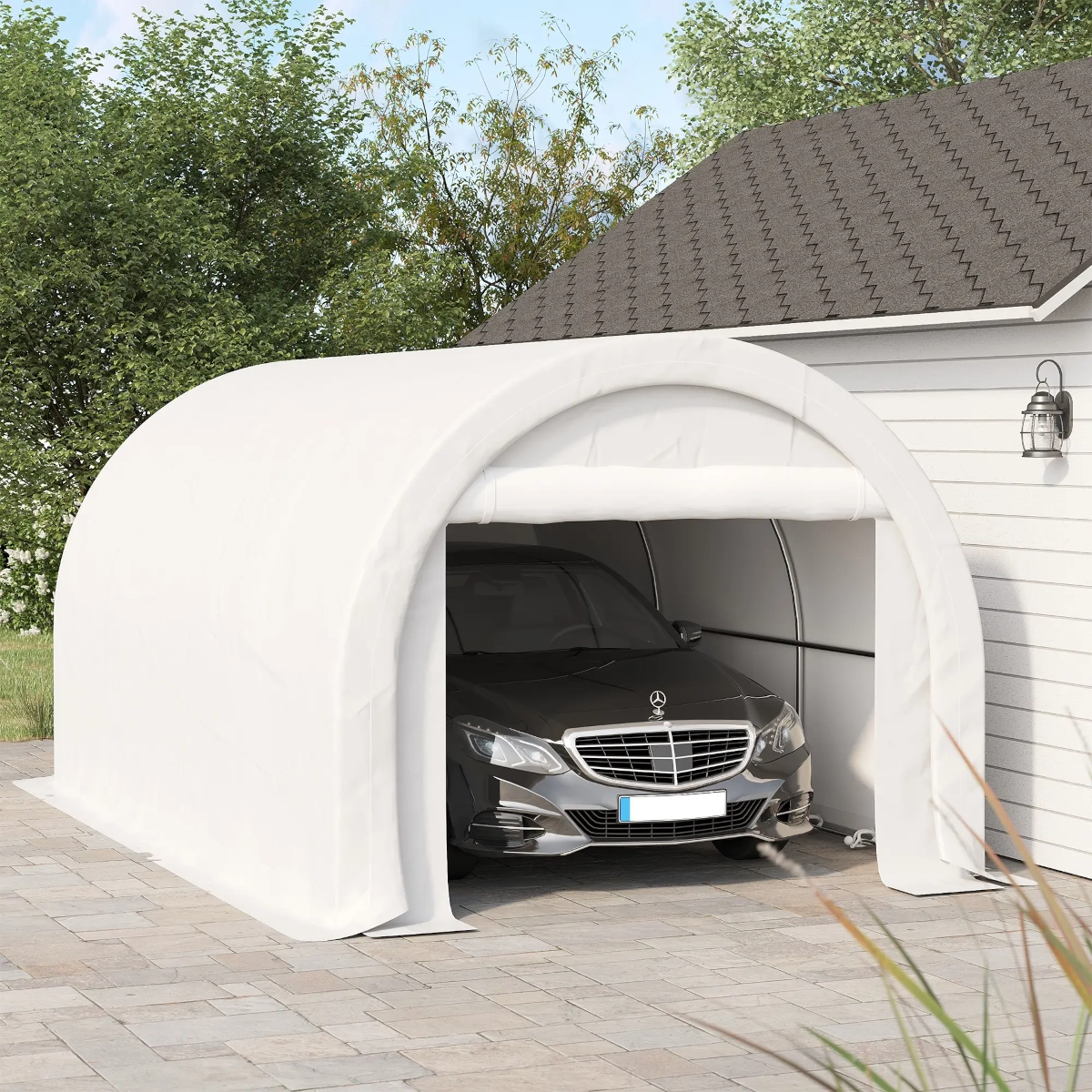 Black Mercedes-Benz parked inside a white arched fabric carport next to a house wall.