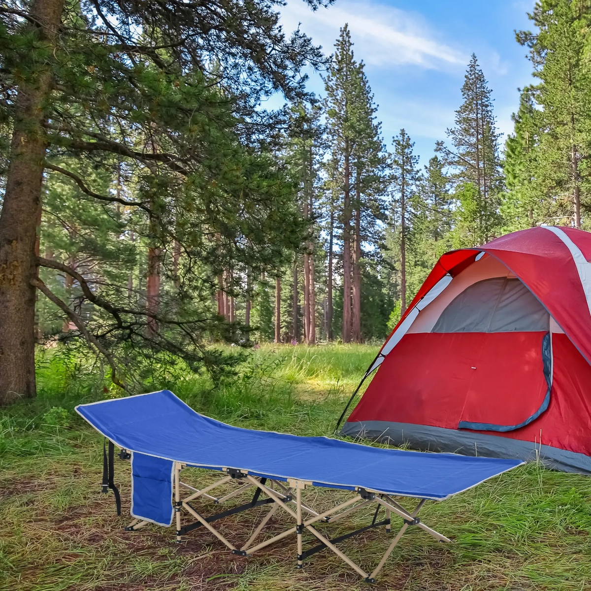 Folded camping cot beside carry bag and side pocket, displayed on campsite ground.