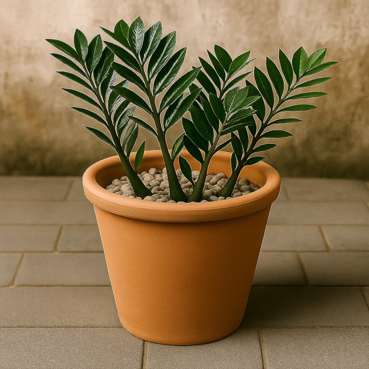 Artificial plant positioned in a terracotta pot filled with pebbles for support.