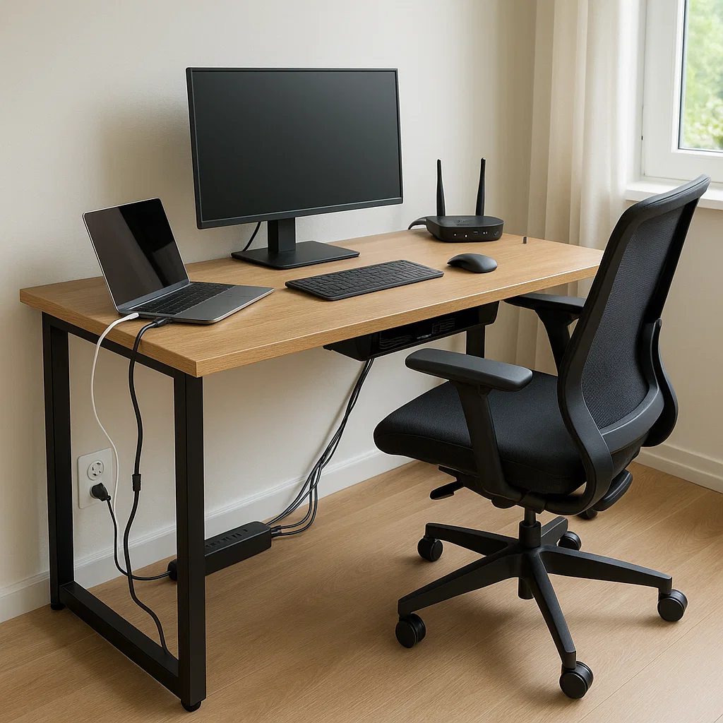Dual computer setup with keyboard, monitor, and ergonomic office chair in a modern study.