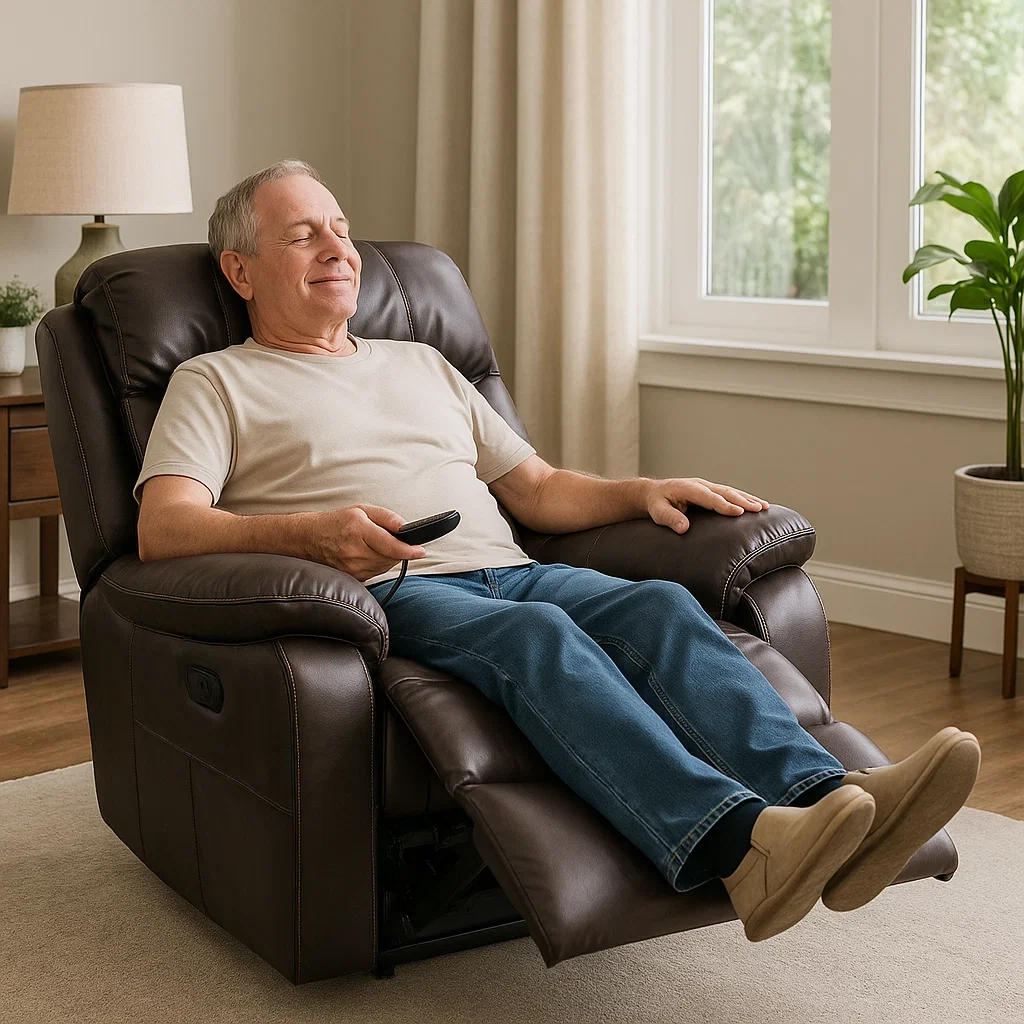 Elderly man relaxing on brown power recliner with extended footrest in a sunny room.